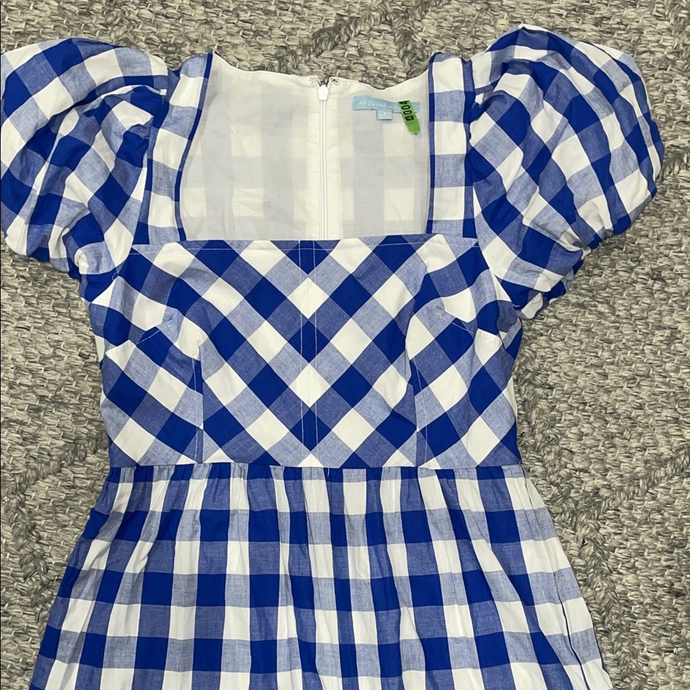 ANTONIO MELANI Blue and White Gingham Puff-Sleeve Midi Dress - Picture 2 of 4